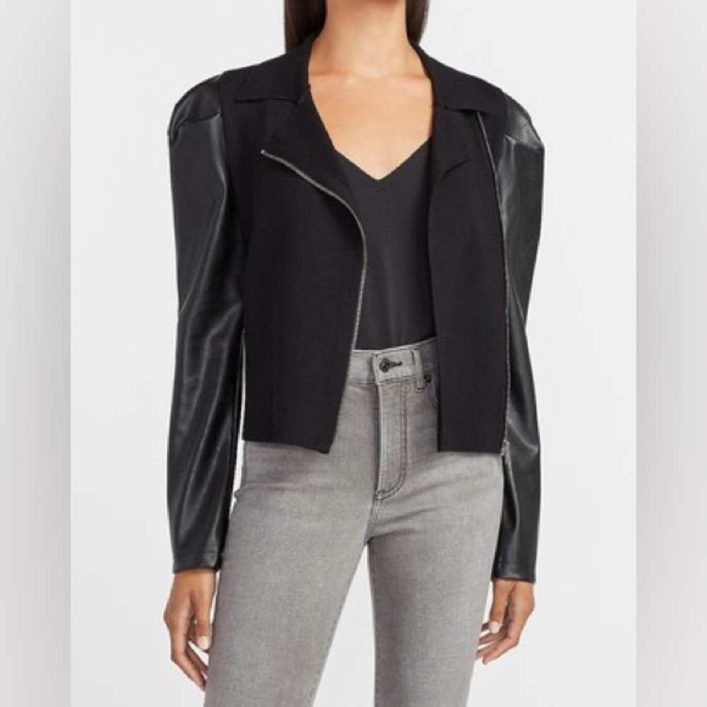 Brand NEW Express VEGAN LEATHER PUFF SLEEVE ASYMMETRICAL ZIP SWEATER JACKET
